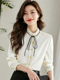 Han Queen New Arrival Spring Autumn Shirts Women's Blouses Vintage Work Casual Top Chiffon Blouse Elegant Lace-Up Loose Shirts-Outfit
