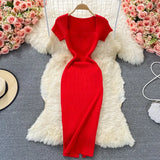 Thin Collar Knitted Dress Short Sleeve 2025 Summer New Temperament Sexy Hot Ass Long