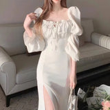 Toloer Chic Summer New Show Thin Temperament French Grandiflorum Tea Break Dress With Slit Dress-Outfit