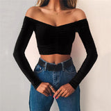 Toloer 2024 Winter Women's Long Sleeve One Word Shoulder Slim Crop Short T-Shirt A Hair-Outfit