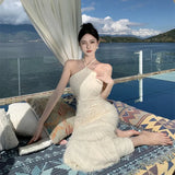 Toloer Neck Dress Female Summer Tassel Small Crowd Sexy Slim Temperament Socialite Dress