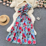 Irregular Ruffled Floral Print Dress Sashes Women Summer 2022 Vacation Slim Fashion Sexy Ladies A Line Long