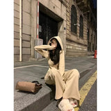 Two Piece Sets Women Solid Casual Slim Fit Hooded V Neck Zipper Full Sleeve Tops Coats Wide Leg Long Pants Set 2023-Outfit