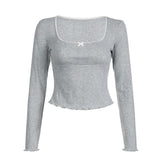 Toloer Girl Split Dense Edge Base Long Sleeve T Shirt Square Collar Wood Ear Bow Slim All-Match Jacket-Outfit