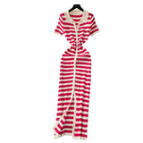Chic Vintage Collar Single Buckle Began Striped Knitted Dress Female Thin
