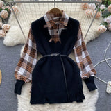 2022 Winter Casual Sweater Sets Loose Long Knit Tank Top+Spliced Plaid Blouse Women Retro OL Knitted Two Pieces