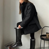 Casual Notched Parkas Women Fashion Tie Belt Solid Black Coats Women Elegant Single Breasted Cotton Jackets Female