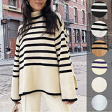 2021 Women Turtleneck Knitted Striped Sweater Autumn Winter New Clothes Ladies Korean Casual Loose Split Pullover Top