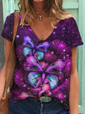 Flower Print T-Shirts Casual 3D Painting Graphic Tops Fashion Short Sleeve Y2K V Neck Female Tees Tshirts Plus Size