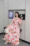 2025 New French Holiday Collar Shoulder Short Sleeves To Show Thin Flowers Long Orange Truss