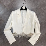 Free Shipping 2022 New Women's Suit Sexy Lapel Long Sleeve Diamond Tassel Short Jacket & Mini Skirt Diamond Tassel Two Piece