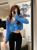 Knitted Cardigan Women Long Sleeve Y2k Crop Tops Korean Fashion Sweater Coats Office Lady Pure Color Button 2022 Autumn