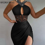 Women Solid Elegant Halter Rhinestone Bright Line Decoration Criss Cross Lace Patch Keyhole Bodycon Party Sexy Dress-Outfit