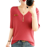 Toloer 2024 New Short Knit Women's Fashion Slim Short-Sleeve T-Shirt Thin Medium Sleeve Top-Outfit