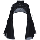 Temperament Perspective Net Yarn Blouse Dark Wind Half-High Collar Horn Sleeves Two-Sided Ribbon Slimming Jacket-Outfit