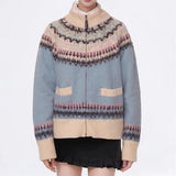 Blue Printed Stand Collar Knitted Cardigan-Outfit