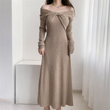 Hepburn Style Advanced Sexy Shoulder Black Long-Sleeved Knitted Dress Women's Autumn Temperament Slim Dress-Outfit