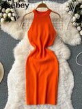 Style Knit Women Dress 2022 Summer Retro Vacation Elegant Ladies Slim A Line Sexy Solid Temperament