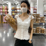Korean Fashion Lace T-shirt Grunge Fairycore Corset Tops V-neck Patchwork Y2k Tops Kawaii Puff Sleeve Tee Shirt