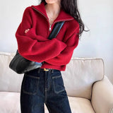 Sense Half-High Collar Zipper Red Knitted Shirt Women's Short Autumn And Winter New High-Waist Sweater Loose Thick
