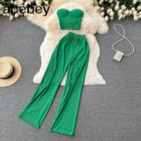 Women Solid Sexy Two Pieces Sets Summer Strapless Slim Camisole + Wide Leg Long Pants Sets Streetwear Two Piece
