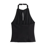 Toloer 2024 New Women's Fashion Casual Versatile Jeans Hanging Collar Top 0541060-Outfit