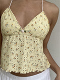 Retro Women Lace Halter Camis Tops Sleeveless Embroidery Floral Print Slim Fit Backless Tie-up Tank Summer Mini Vest-Outfit
