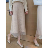 Autumn And Winter Lace Knitted Skirt Women With Sweater High-Waisted A Word Two Sides Wear Medium Long Wool Skirt