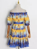 Casual Print Colorblock Dress For Women Slash Neck Puff Sleeve Patchwork Belt Fold Pleated Dresses Female 2022