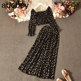 Women Autumn French Print Floral Suits Square Collar Puff Sleeve Short Tops+High Waist Wide Leg Pants Two Pieces