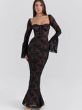 Lace Square Neck Long Flare Sleeve Maxi Dress-Outfit