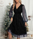 Toloer New V-Collar Elegant Slim Solid Color Stitching Mesh Perspective Sprinkling Powder Dress Female-Outfit