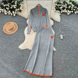 Simple Wind Bumpy Striped Knitted Sister Set With Long-Sleeved Sweater + High Waist Long Body Skirt