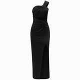 Toloer Clear New Air Women's Wear 2024 New Fashion Pure Color Diagonal Shoulder Hollow Slit Dress-Outfit