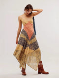 Women Print Color V Tie Sling Irregular Dress