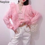 Women Sweater Fashion Patchwork Lace Ruffles Knit Cardigan Korean Beading Pink Y2K Tops 2023 Autumn Woman Swaters