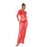 Fashion Women's Pure Color Mesh Hot Diamond Long Sleeve Dress Dress-Outfit