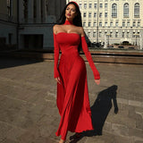 Off-Shoulder Long Sleeve Flare Maxi Dress-Outfit