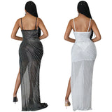 Nightclub Hot Drill Sexy Sling Mesh Perspective Irregular Slit Dress Dress-Outfit