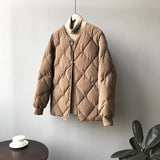 Autumn winter down jacket women fashion covered button o neck full sleeve diamond lattice oversize warm coat parka