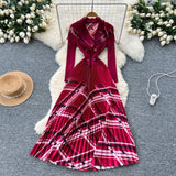 Luxury Elegant Dress Women's Fashion Collar Double Buckle Waist Long Sleeve Splicing Print 100 Folds Long