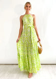 Summer New High-Waisted Beach Print Hanging Neck Dress