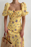 Women's Clothing 2026 Summer Bubble Sleeves Slim Sexy Thin Side Open-Print Dress