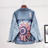 Style Print Women's Denim Jacket Coat Diamonds Hole BF Jeans Outwear Female Spring Autumn Casual Loose Cowboy