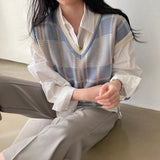 2022 New Autumn Plaid Striped Sleeveless Sweater Vest for Women Knitting V-Neck Casual Loose Ladies Female Tank