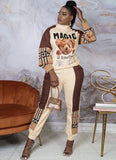 Winter Fashion Beige Contrast Checked High Neck Long Sleeve Top And Pant 2 Piece