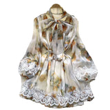 Dress Women's Neckline Bow Tie With Lantern Sleeve Lace Splicing Bright Face Chiffon Skirt Skirt