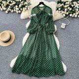 High-End Neckline Bow Tie Lantern Sleeve Lace Lace To Receive Waist Wave Dot Skirt Chiffon