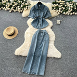 Light-Cooked Wind Strap To Close Waist Short-Sleeved Cowboy Topess Female High-Waisted Fork Hip Skirt Summer