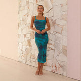 Women's Spring New Sleeveless Thin Slings With A Letter-Word Collar Print Open Skirt Dress